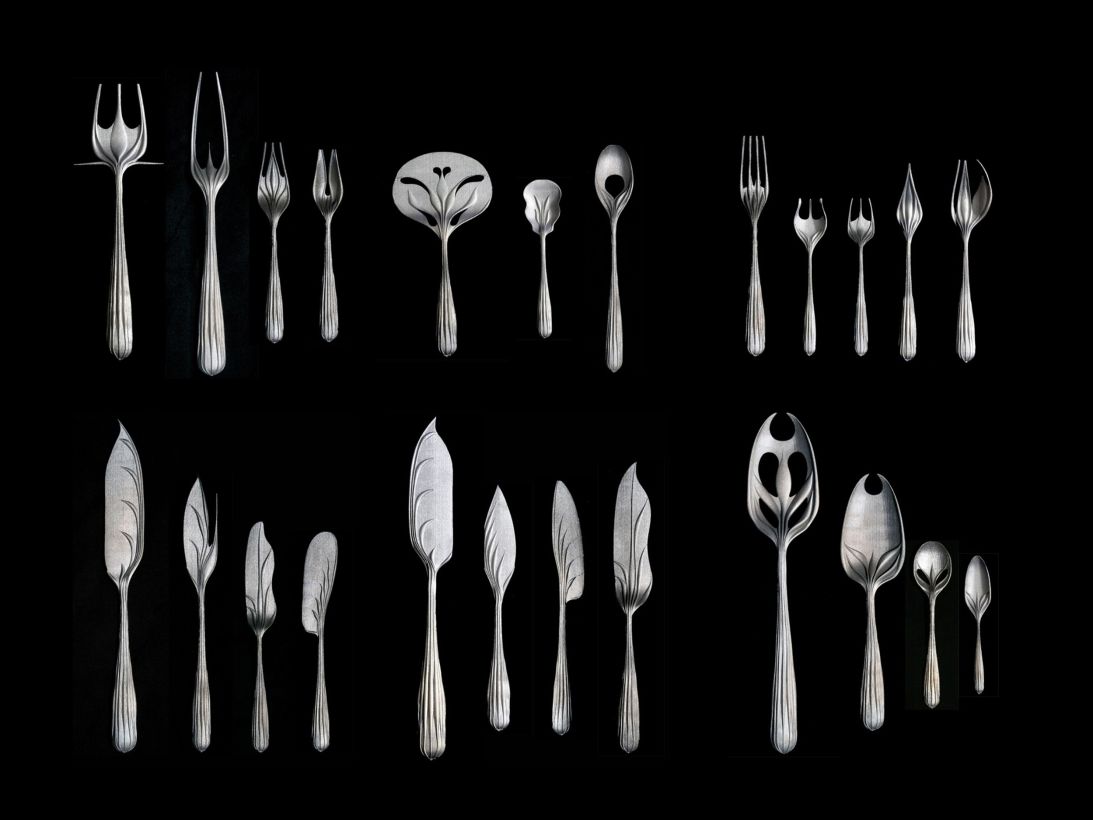 Greg Lynn's flatware reflected his interest in Art Nouveau, and plays with the imagery of stem, leaf and flower.