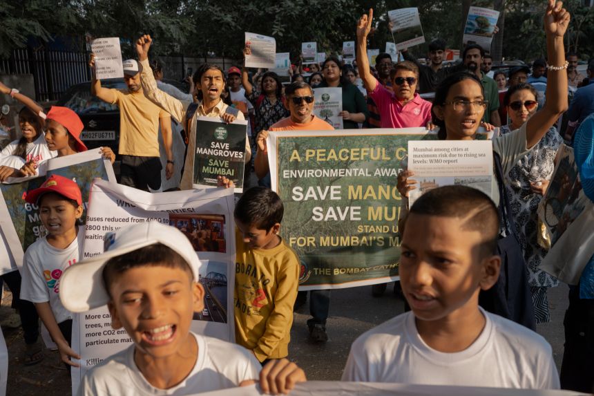 Nicolò Brugnara’s photo was part of a series that won him the Portfolio Stories category.It shows hundreds of people gathered in Mumbai to oppose a coastal road project, with signs reading "Save Mangroves. Save Mumbai."