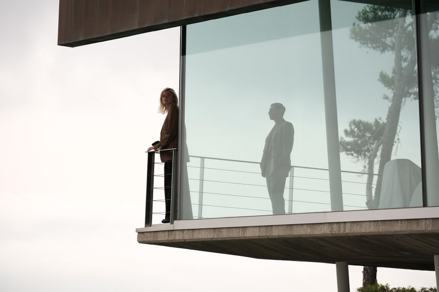 Elle Fanning in a boxy blazer and trousers that scream “quiet luxury.”