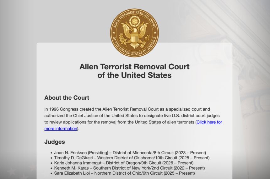 The website for the Alien Terrorist Removal Court of the United States, on Wednesday, July 22, 2026.