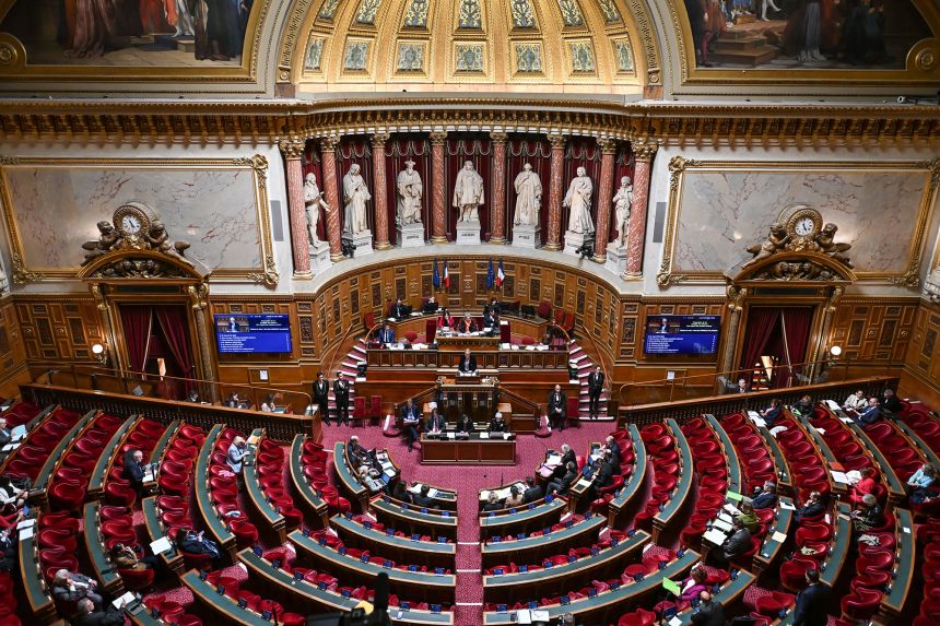 Members of the French Senate debate a draft law that aims to ban social media access for children under 15, in Paris, France, on March 31, 2026.