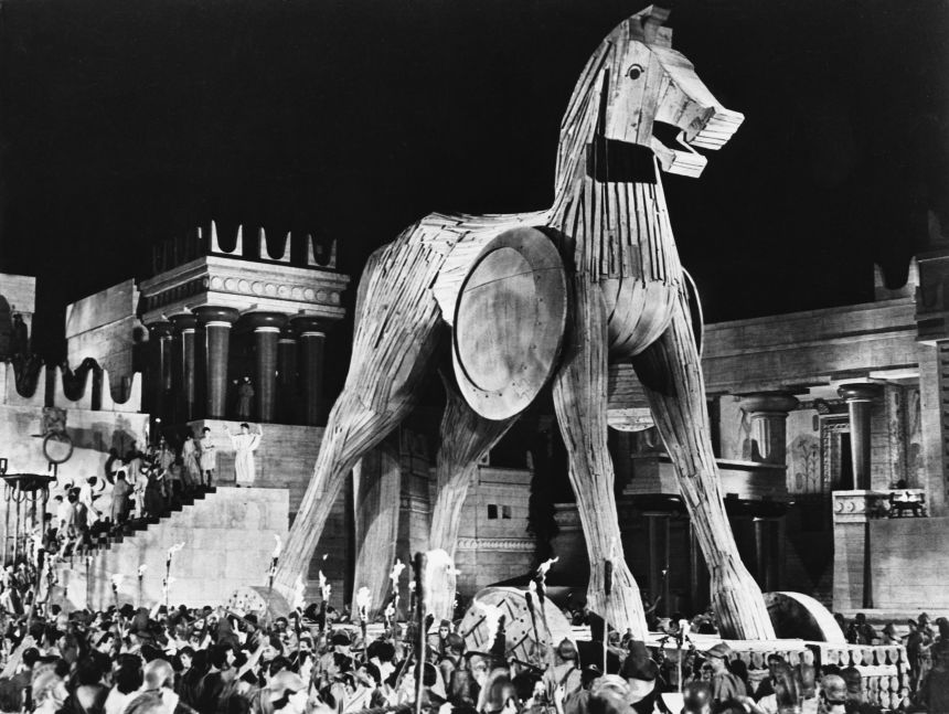 The Trojan horse scene in 1956's "Helen of Troy" was followed by combat sequences that now seem rather quaint to modern audiences.