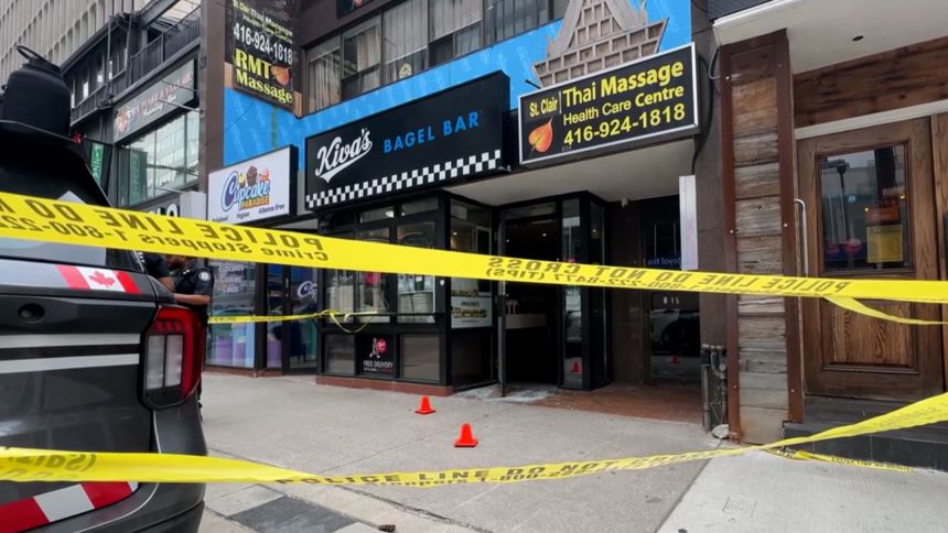 Kiva's Bagel Bar in Toronto is blocked off after it was damaged on July 26.